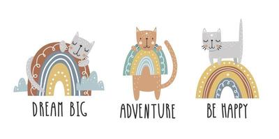 gatos bonitos com arco-íris e letras. conjunto de ilustração vetorial de quarto de berçário. vetor