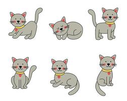 conjunto de gatos cinzentos bonitos em estilo cartoon. vetor