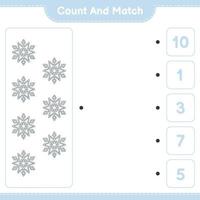 conte e combine, conte o número de flocos de neve e combine com os números certos. jogo educativo para crianças, planilha para impressão, ilustração vetorial vetor