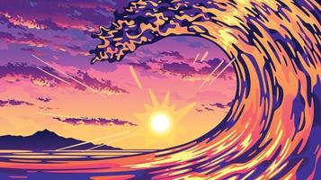 ilustração de paisagem de ondas do oceano por do sol vetor