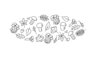 doodle conjunto de folhas de árvores e cogumelos, conceito de outono, ilustração vetorial. vetor