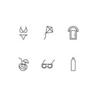 símbolo de contorno em estilo plano moderno adequado para propaganda, livros, lojas. ícone de linha definido com ícones de biquíni, pipa, banheiro de rua, coco, óculos de sol, garrafa vetor