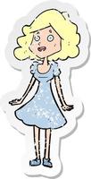 adesivo retrô angustiado de uma mulher feliz de desenho animado de vestido vetor