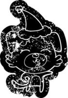 ícone angustiado dos desenhos animados de um cachorro apontando usando chapéu de papai noel vetor