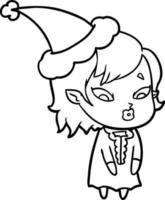 desenho de linha bonito de uma garota vampira usando chapéu de papai noel vetor