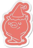 adesivo de desenho animado feliz de um porco usando chapéu de papai noel vetor
