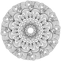 mandala simétrica com corações e cachos, página para colorir anti-stress com padrões ornamentados para o dia dos namorados vetor