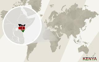 zoom no mapa e na bandeira do Quênia. mapa mundial. vetor
