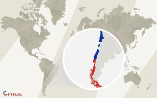 zoom no mapa e na bandeira do chile. mapa mundial. vetor