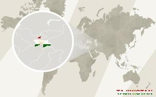 zoom no mapa e na bandeira do tajiquistão. mapa mundial. vetor