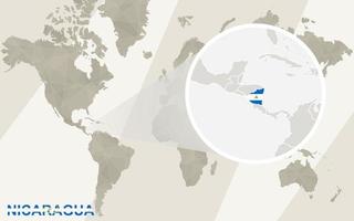 zoom no mapa e na bandeira da Nicarágua. mapa mundial. vetor