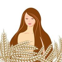 linda garota com espigas de trigo. ilustração de outono, cartão postal, vetor