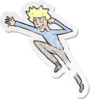 adesivo retrô angustiado de um homem pulando de desenho animado vetor