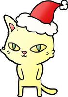 desenho de gradiente de um gato com olhos brilhantes usando chapéu de papai noel vetor