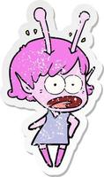 adesivo angustiado de uma garota alienígena chocada de desenho animado vetor