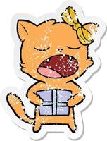 vinheta angustiada de um gato de desenho animado com presente de natal vetor