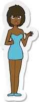 adesivo de uma mulher confusa de desenho animado em vestido de coquetel vetor