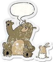 desenho animado urso e coelho amigos e adesivo angustiado de bolha de fala vetor