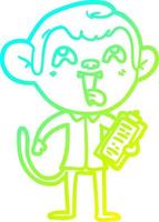 linha de gradiente frio desenhando macaco de desenho animado louco com prancheta vetor