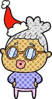ilustração de estilo de quadrinhos de uma mulher bibliotecária usando óculos usando chapéu de papai noel vetor