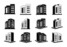 conjunto de vetores de ícones de construção e empresa, banco de perspectiva e escritório em fundo branco
