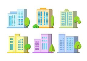 conjunto de ícones de vetor plano de edifícios, vetor de arquitetura em fundo branco, empresa colorida e árvore, cidade e cidade de coleção de construção moderna