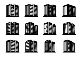 edifícios de ícones de perspectiva e empresa vetorial em fundo branco, escritório preto e coleção de banco vetor