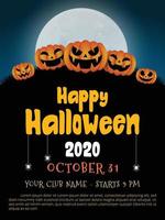 fundo vertical de halloween com abóbora, casa assombrada e lua cheia. modelo de panfleto ou convite para festa de halloween. ilustração vetorial. vetor