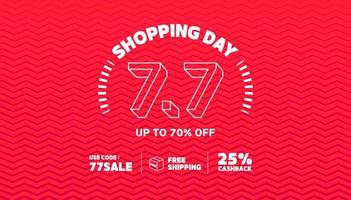 7.7 modelo de banner de venda de dia de compras on-line em fundo vermelho. vetor