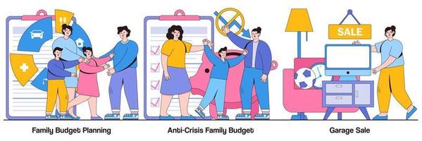 planejamento do orçamento familiar, orçamento familiar anti-crise e pacote ilustrado de venda de garagem vetor