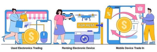 comércio de eletrônicos usados, aluguel de dispositivos eletrônicos e pacote ilustrado de troca de dispositivos móveis vetor