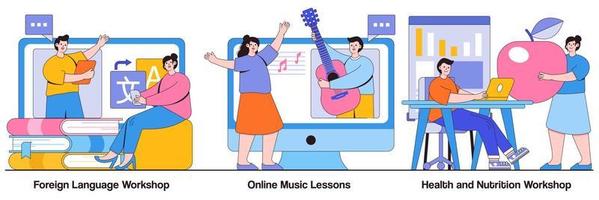 oficina de língua estrangeira, aula de música online, conceito de oficina de saúde e nutrição com pessoas pequenas. conjunto de ilustração vetorial de educação complementar. curso de falante nativo, aprenda metáfora de culinária vetor