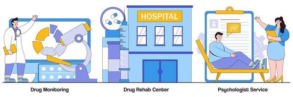 monitoramento de drogas, centro de reabilitação de drogas e pacote ilustrado de serviço de psicólogo vetor