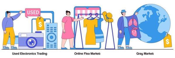 comércio de eletrônicos usados, mercado de pulgas online, mercado cinza com pacote de ilustrações de personagens de pessoas
