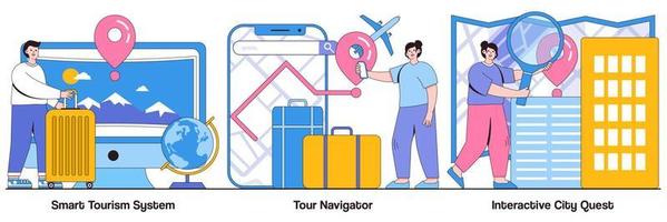 pacote ilustrado de turismo inteligente, navegador de turismo e busca de cidade interativa vetor