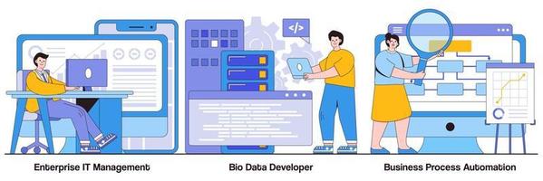 pacote ilustrado de gerenciamento de TI empresarial, desenvolvedor de big data e automação de processos de negócios vetor