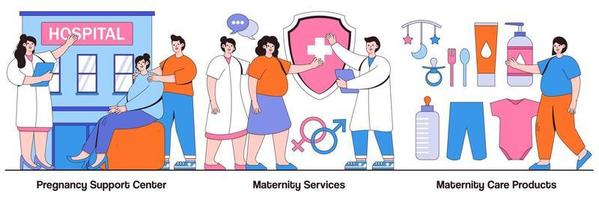 centro de apoio à gravidez, serviços de maternidade e pacote ilustrado de produtos de cuidados de maternidade vetor