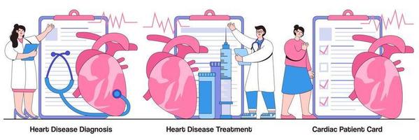 diagnóstico e tratamento de doenças cardíacas, conceito de cartão de paciente cardíaco com caráter de pessoas. conjunto de ilustração vetorial de doença cardiovascular. batimentos cardíacos, dor no peito, teste de estresse, metáfora hospitalar vetor