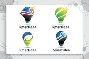 definir a coleção de design de logotipo de vetor de ideia inteligente verde de lâmpada com conceito de estilo de cor moderno, lâmpada digital de inovação de símbolo com conceito de folha de ecologia.