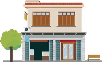 ilustração vetorial tailandesa de construção vintage. shopping de fachada e estrada de rua. estilo de casa da cidade de bangkok. design de casa velha plana. edifício comercial urbano