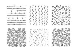 conjunto de texturas pretas e brancas desenhadas à mão com pontos, círculos, semicírculos, linhas e traços tracejadas. formas desenhadas à mão de doodles. manchas, gotas, curvas, linhas. vetor