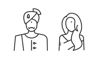 conjunto de ícones de linha de casal indiano. jovem mulher com cabelo comprido e homem sikh indiano no turbante. símbolos da noiva e do noivo. ilustração vetorial vetor