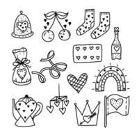 conjunto de elementos de dia dos namorados, amor e casamento. ícones desenhados à mão em ilustração vetorial de estilo doodle. vetor