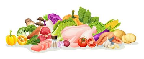 conjunto de ilustrações de carne e vegetais. desenho de vetor de comida saudável