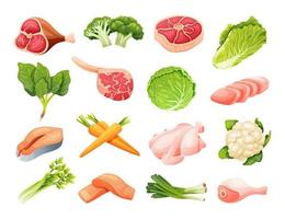 conjunto vetorial de carnes e legumes em estilo cartoon. ilustração de comida saudável vetor