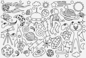 conjunto de desenhos animados de rabiscos desenhados à mão de objetos espaciais vetor