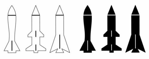 conjunto de ícones de míssil militar isolado no fundo branco ícone plano de míssil silhueta contorno vetor