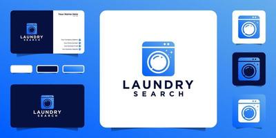 inspiração de design de logotipo de pesquisa de lavanderia, ícone de máquina de lavar e lupa e design de cartão de visita vetor