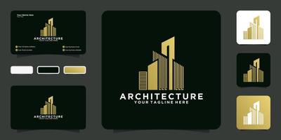 inspiração de design de logotipo de arranha-céu com cor dourada de luxo e cartão de visita vetor