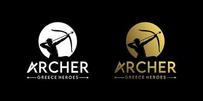 inspiração de design de logotipo de arqueiro, com silhueta de guerreiro grego, design de logotipo vintage vetor